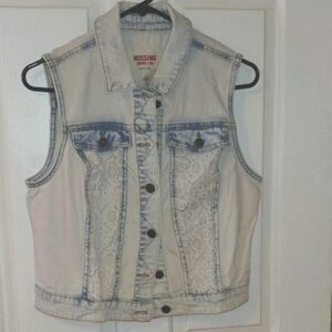 Mossimo Jean Vest Sz L Blue Acide Wash Crochet Detail Button Up Sleeveless
